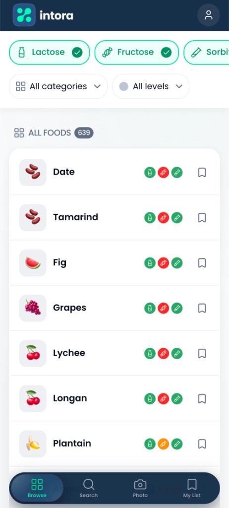 Intora food list on a phone screen